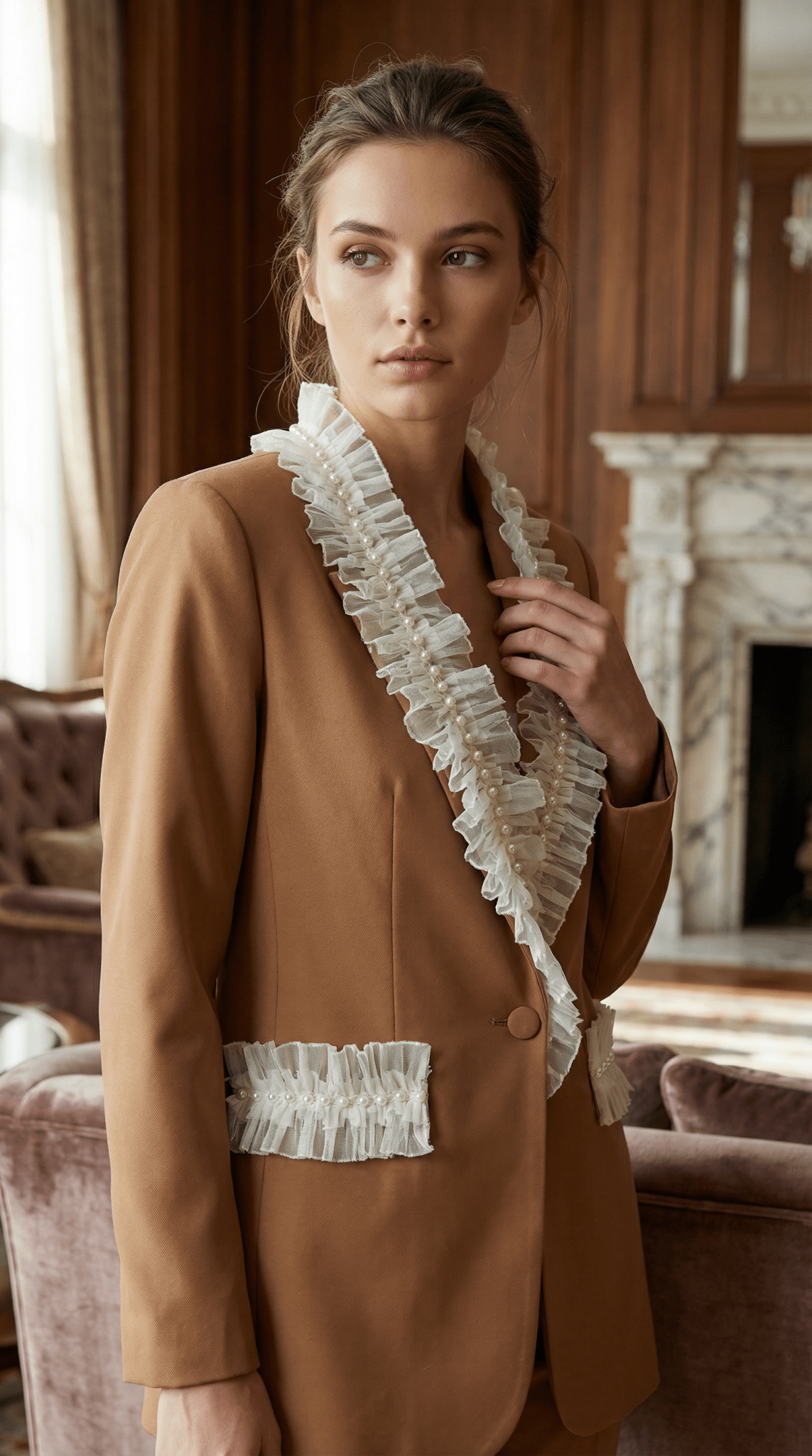 Sacou elegant maro cu aplicatii manuale din dantela si perle decorative - OK Lux. All rights reserved. - Jackets - 