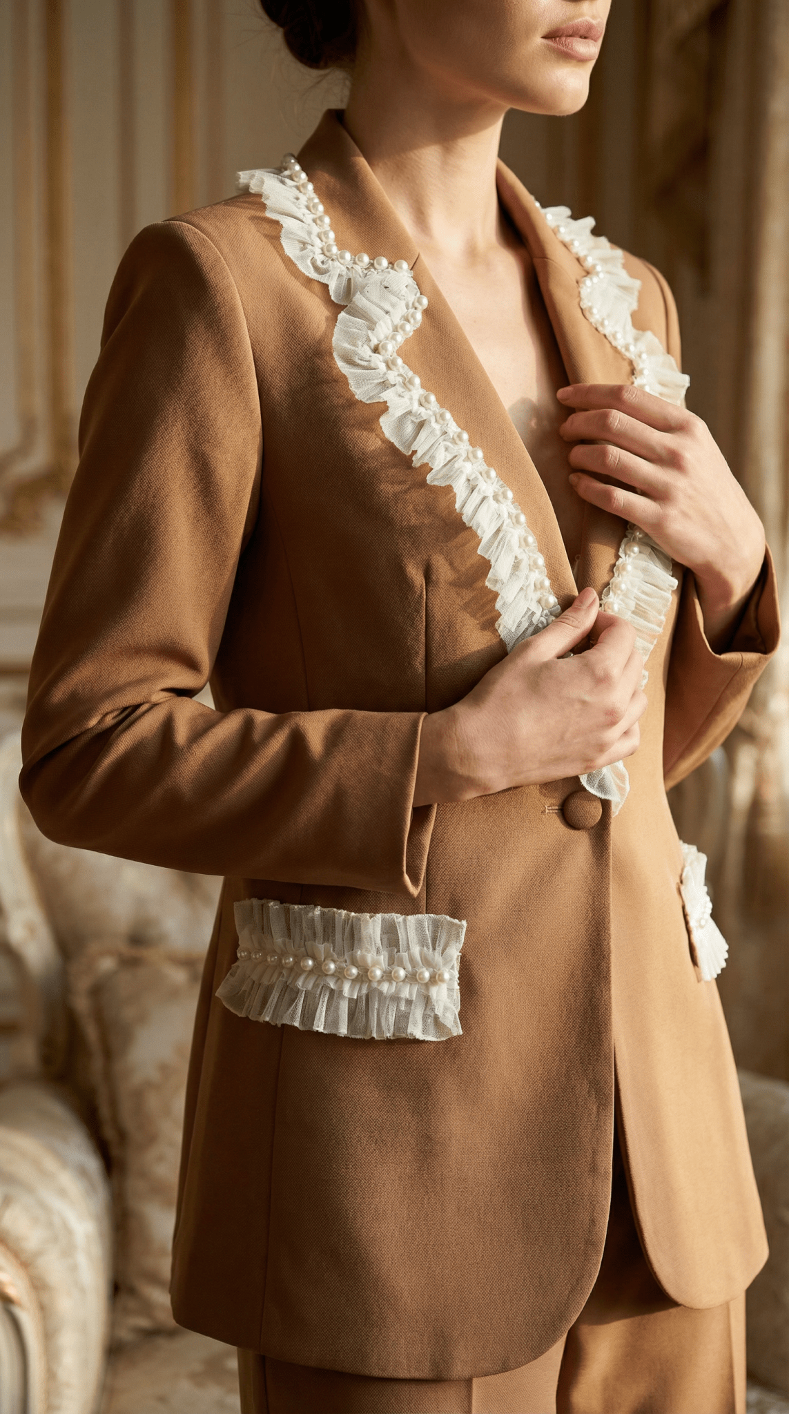 Sacou elegant maro cu aplicatii manuale din dantela si perle decorative - OK Lux. All rights reserved. - Jackets - 