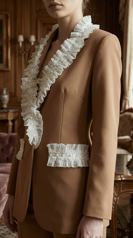 Sacou elegant maro cu aplicatii manuale din dantela si perle decorative - OK Lux. All rights reserved. - Jackets - 