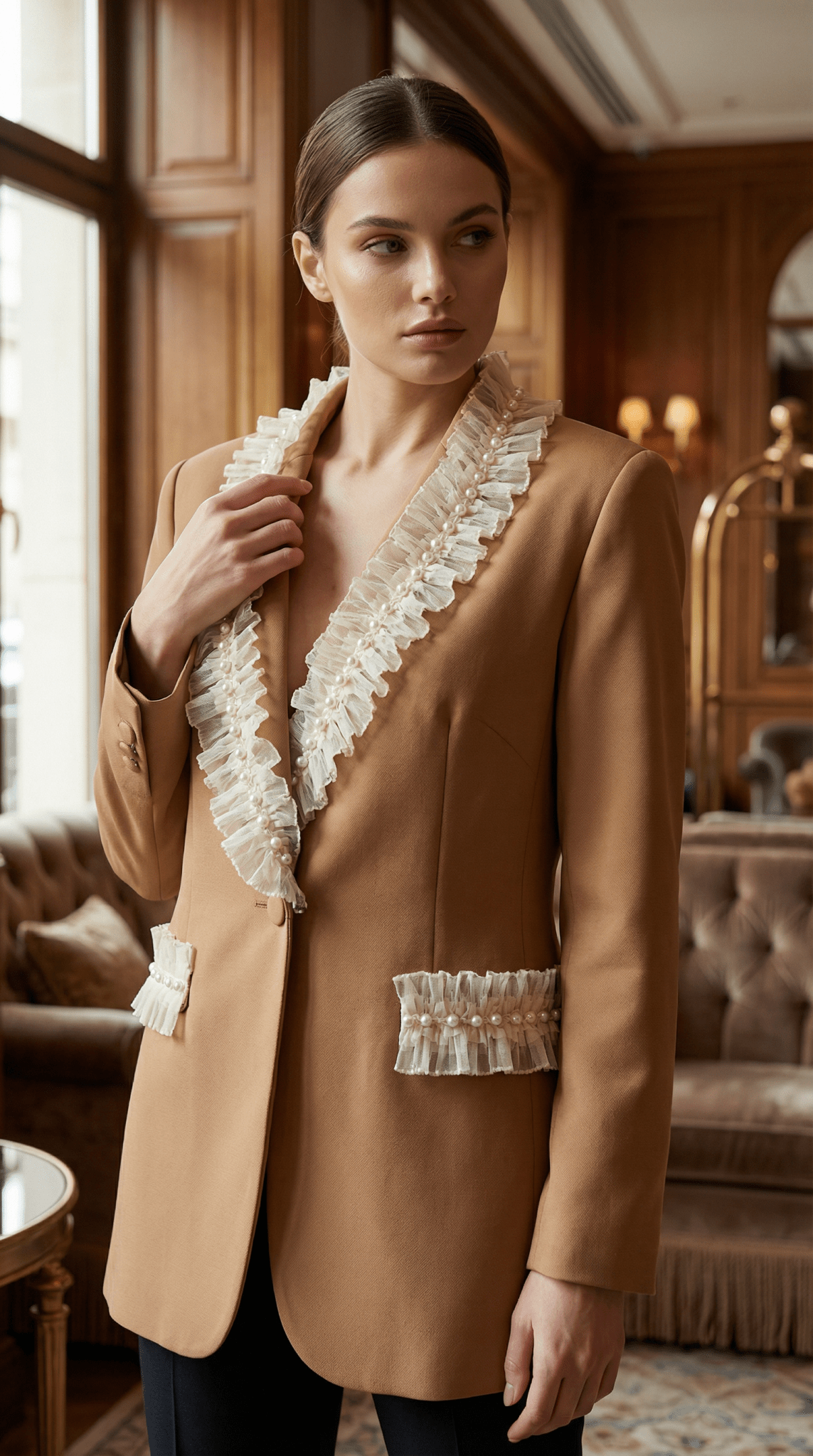 Sacou elegant maro cu aplicatii manuale din dantela si perle decorative - OK Lux. All rights reserved. - Jackets - 