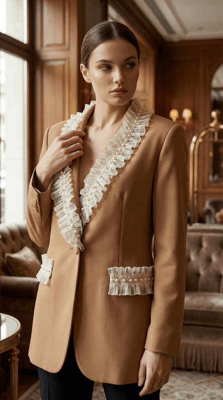 Sacou elegant maro cu aplicatii manuale din dantela si perle decorative - OK Lux. All rights reserved. - Jackets - 