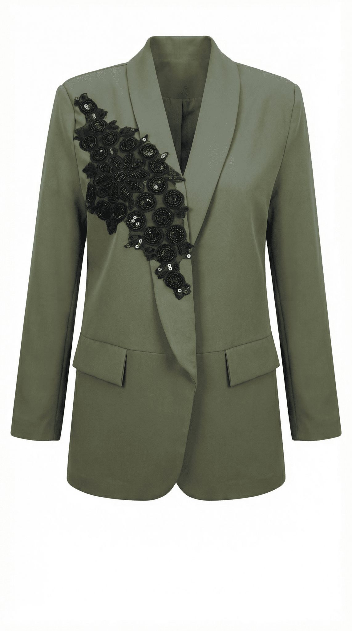 Sacou Elegant Olive cu Guler Șal și Aplicații Manuale - Laura Stoica - OK Lux. All rights reserved. - Jackets - 