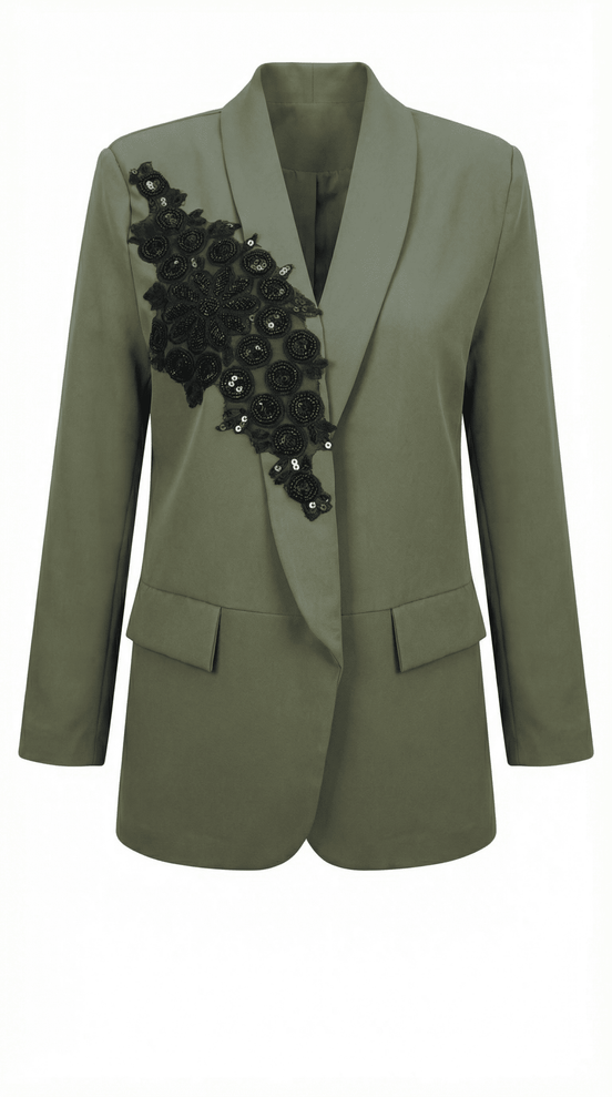 Sacou Elegant Olive cu Guler Șal și Aplicații Manuale - Laura Stoica - OK Lux. All rights reserved. - Jackets - 