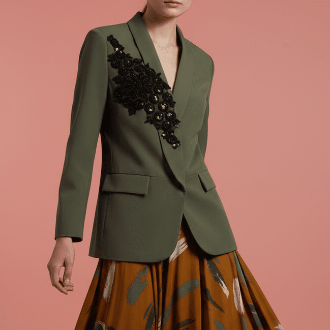 Sacou Elegant Olive cu Guler Șal și Aplicații Manuale - Laura Stoica - OK Lux. All rights reserved. - Jackets - 