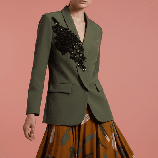 Sacou Elegant Olive cu Guler Șal și Aplicații Manuale - Laura Stoica - OK Lux. All rights reserved. - Jackets - 