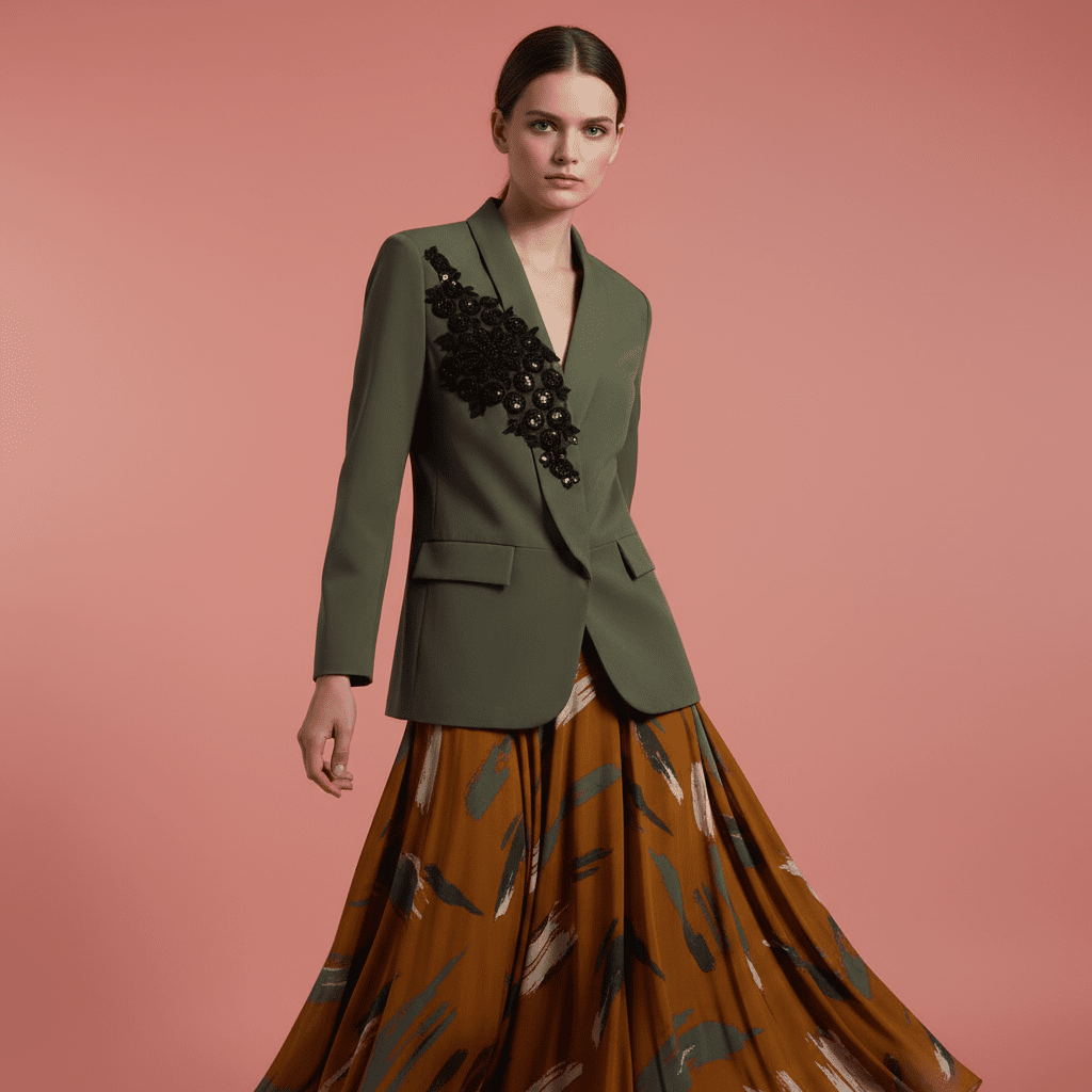 Sacou Elegant Olive cu Guler Șal și Aplicații Manuale - Laura Stoica - OK Lux. All rights reserved. - Jackets - 