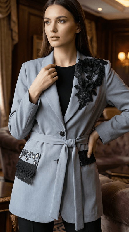 Sacou Gri Lung cu Accente de Dantelă și Cristale – Design Laura Stoica - OK Lux. All rights reserved. - Jackets - 