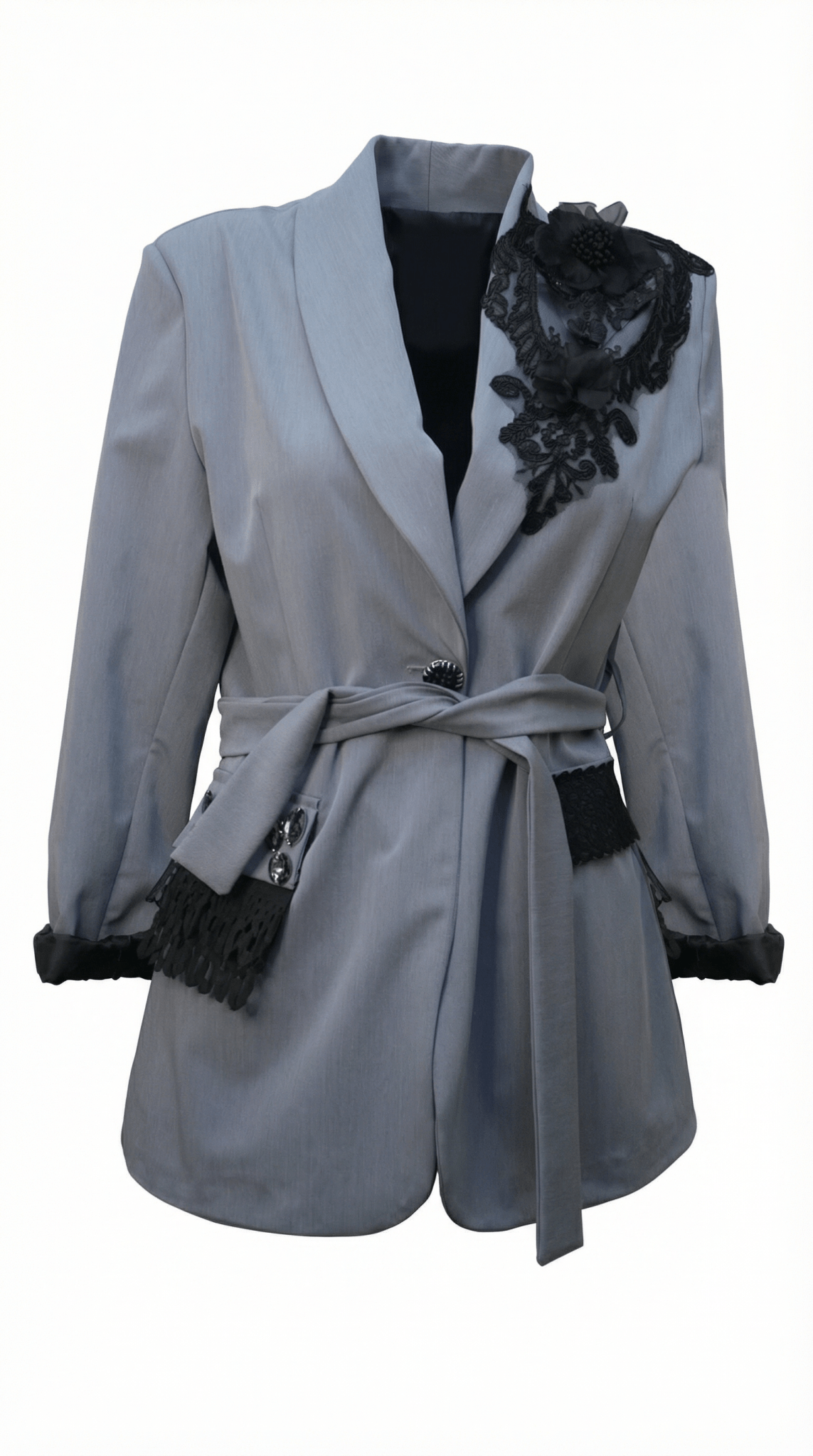 Sacou Gri Lung cu Accente de Dantelă și Cristale – Design Laura Stoica - OK Lux. All rights reserved. - Jackets - 