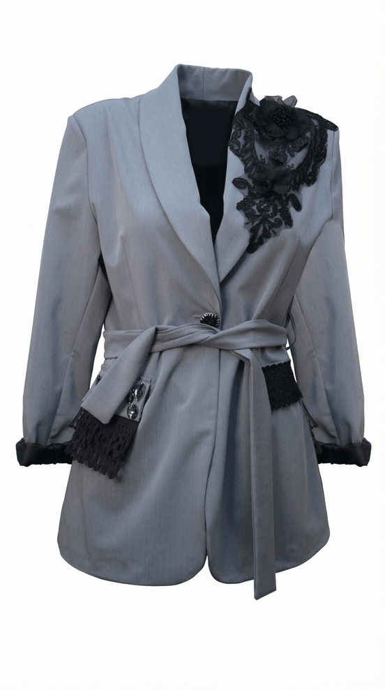Sacou Gri Lung cu Accente de Dantelă și Cristale – Design Laura Stoica - OK Lux. All rights reserved. - Jackets - 