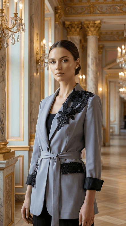 Sacou Gri Lung cu Accente de Dantelă și Cristale – Design Laura Stoica - OK Lux. All rights reserved. - Jackets - 