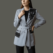 Sacou Gri Lung cu Accente de Dantelă și Cristale – Design Laura Stoica - OK Lux. All rights reserved. - Sacouri - 