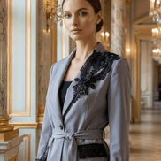 Sacou Gri Lung cu Accente de Dantelă și Cristale – Design Laura Stoica - OK Lux. All rights reserved. - Sacouri - 