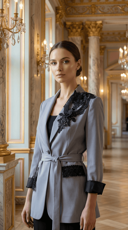 Sacou Gri Lung cu Accente de Dantelă și Cristale – Design Laura Stoica - OK Lux. All rights reserved. - Sacouri - 