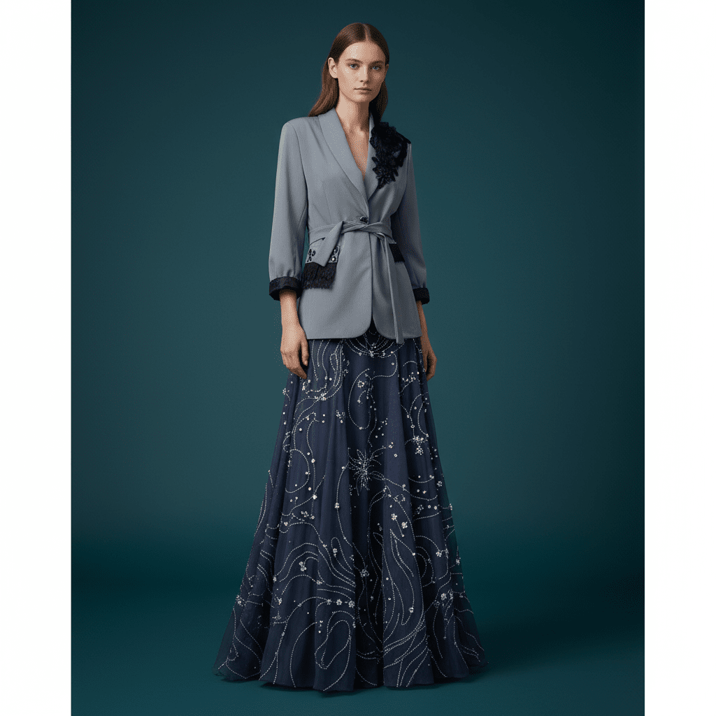 Sacou Gri Lung cu Accente de Dantelă și Cristale – Design Laura Stoica - OK Lux. All rights reserved. - Sacouri - 