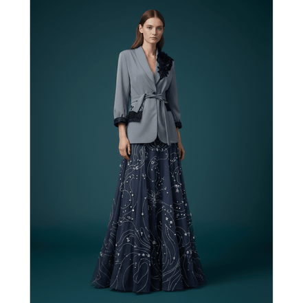 Sacou Gri Lung cu Accente de Dantelă și Cristale – Design Laura Stoica - OK Lux. All rights reserved. - Sacouri - 