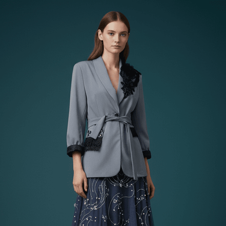 Sacou Gri Lung cu Accente de Dantelă și Cristale – Design Laura Stoica - OK Lux. All rights reserved. - Sacouri - 