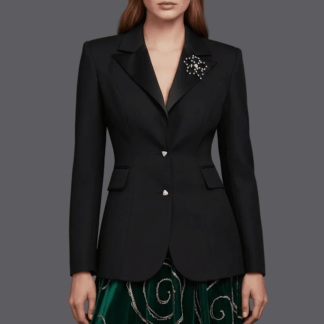 Sacou Negru Cambrat cu Rever Satinat și Broșă Cristal – Design Laura Stoica - OK Lux. All rights reserved. - Sacouri - 