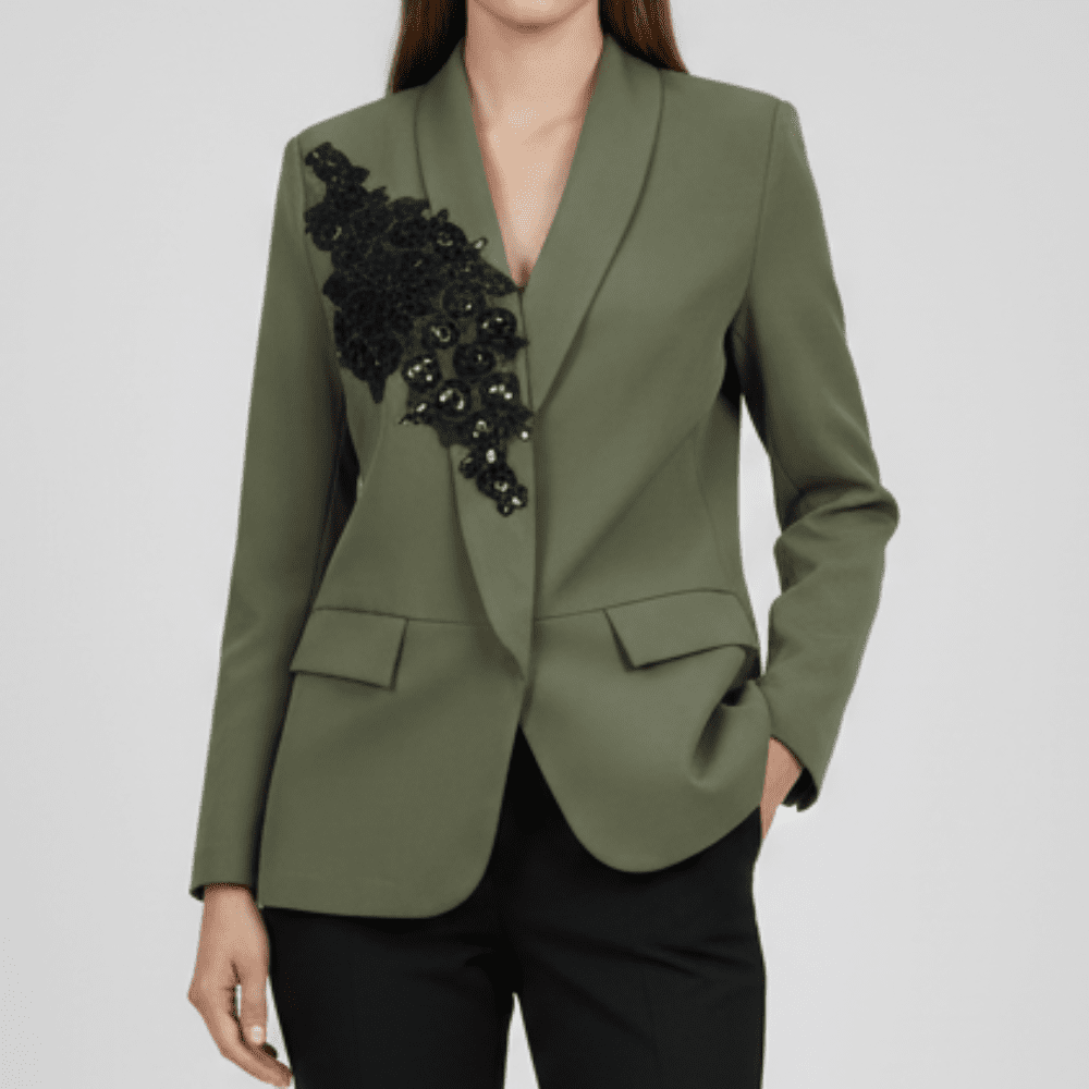 Sacou Olive cu Guler Șal și Aplicații Manuale – Design Laura Stoica - OK Lux. All rights reserved. - Jackets - 