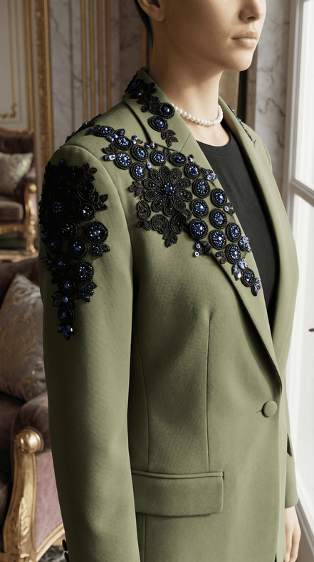 Sacou Olive cu Guler Șal și Aplicații Manuale – Design Laura Stoica - OK Lux. All rights reserved. - Jackets - 