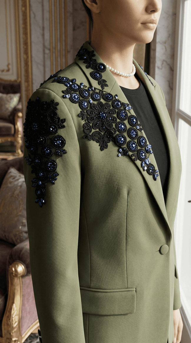 Sacou Olive cu Guler Șal și Aplicații Manuale – Design Laura Stoica - OK Lux. All rights reserved. - Jackets - 