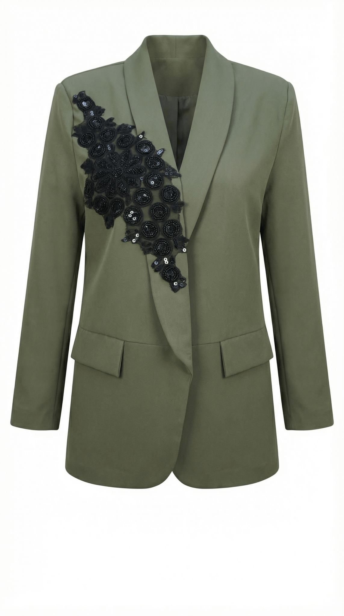 Sacou Olive cu Guler Șal și Aplicații Manuale – Design Laura Stoica - OK Lux. All rights reserved. - Jackets - 