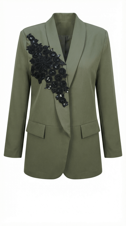 Sacou Olive cu Guler Șal și Aplicații Manuale – Design Laura Stoica - OK Lux. All rights reserved. - Jackets - 