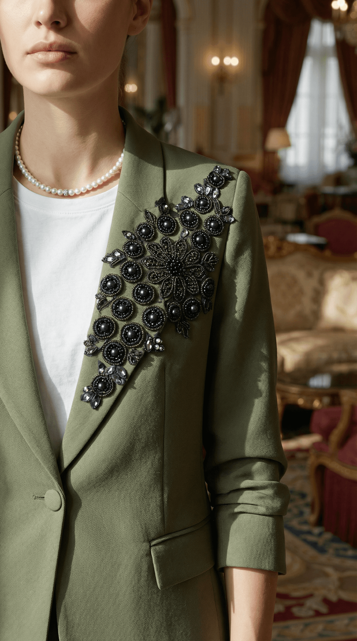 Sacou Olive cu Guler Șal și Aplicații Manuale – Design Laura Stoica - OK Lux. All rights reserved. - Jackets - 