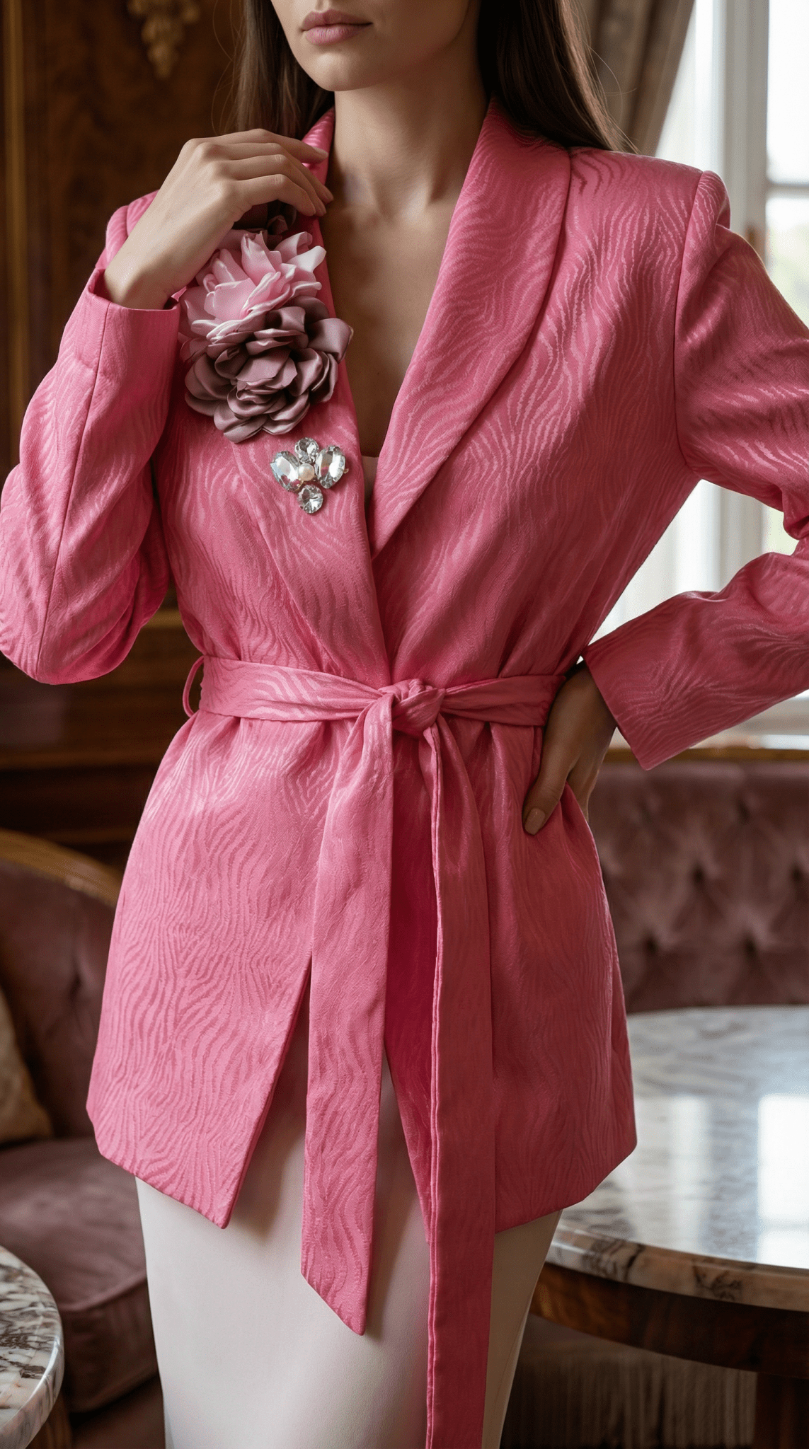 Sacou roz texturat cu cordon și aplicații florale statement - OK Lux. All rights reserved. - Tuxedos - 