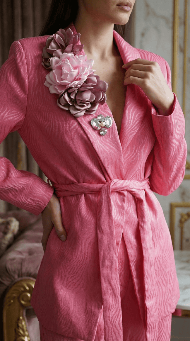 Sacou roz texturat cu cordon și aplicații florale statement - OK Lux. All rights reserved. - Tuxedos - 