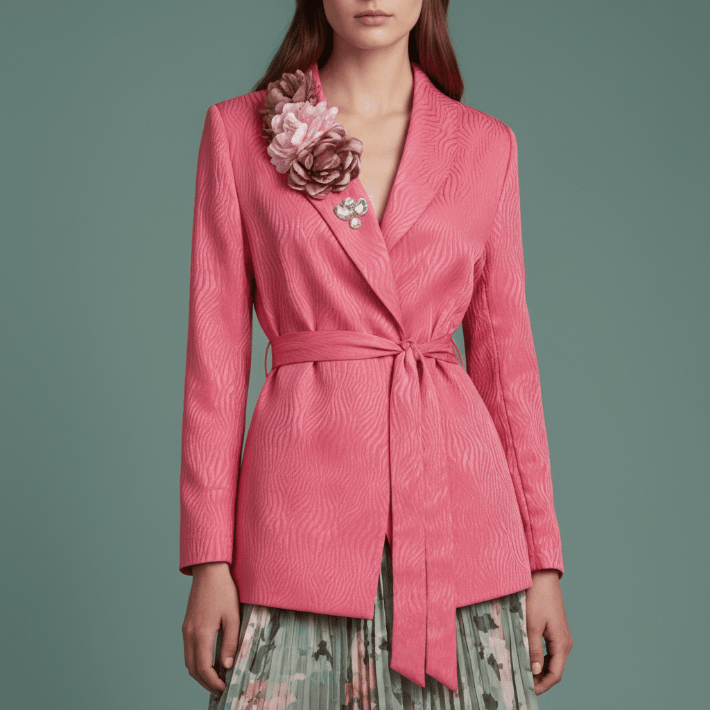 Sacou Roz Texturat cu Cordon și Aplicații Florale Statement – Design Laura Stoica - OK Lux. All rights reserved. - Sacouri - 