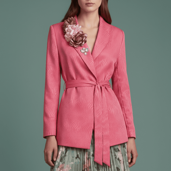 Sacou Roz Texturat cu Cordon și Aplicații Florale Statement – Design Laura Stoica - OK Lux. All rights reserved. - Sacouri - 