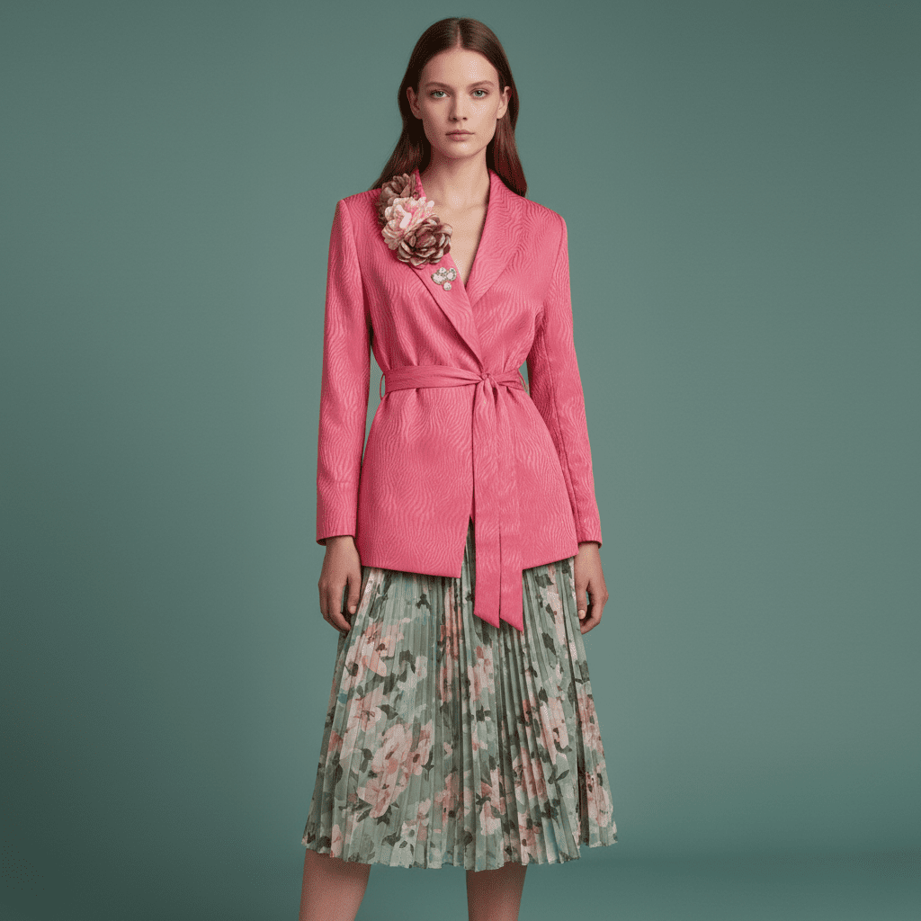 Sacou Roz Texturat cu Cordon și Aplicații Florale Statement – Design Laura Stoica - OK Lux. All rights reserved. - Sacouri - 