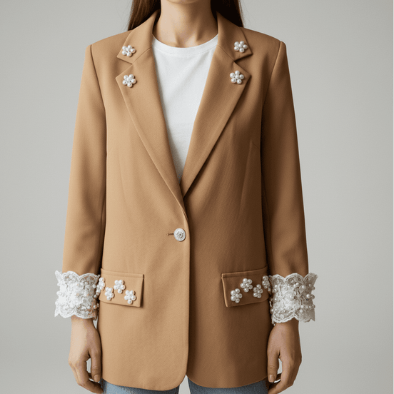 Sacou Statement „Inner Glow” – Camel cu Detalii Pearl - OK Lux. All rights reserved. - 