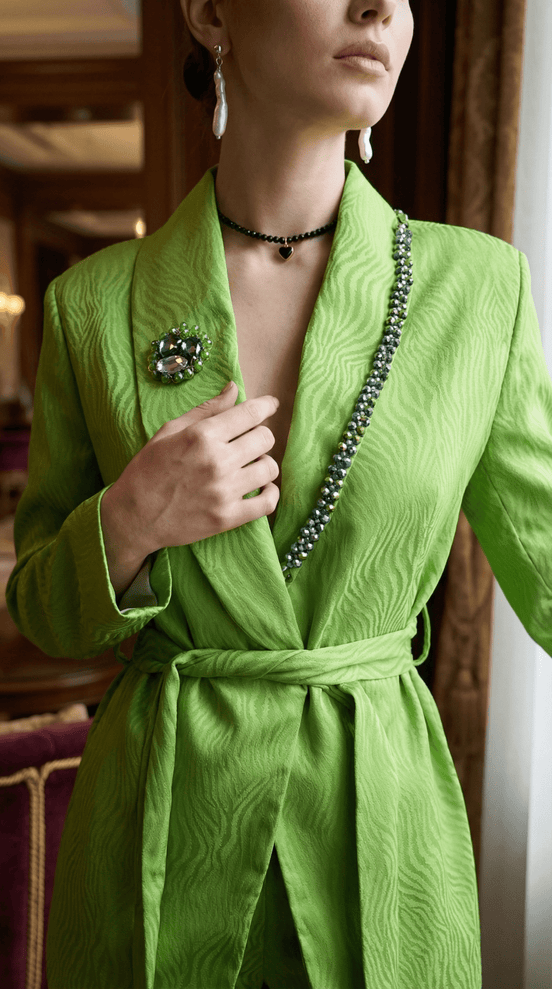 Sacou verde cambrat cu broșă decorativă și detalii aplicate - OK Lux. All rights reserved. - Tuxedos - 