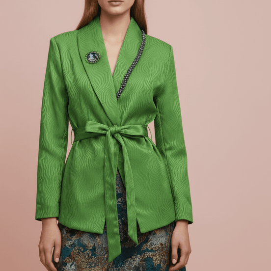 Sacou Verde Cambrat cu Broșă Decorativă și Detalii Aplicate – Design Laura Stoica - OK Lux. All rights reserved. - Sacouri - 