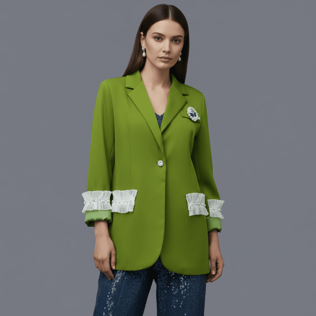 Sacou Verde Structurat cu Broșă Statement și Aplicații Decorative – Design Laura Stoica - OK Lux. All rights reserved. - Sacouri - 